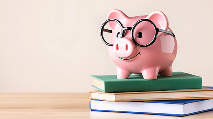 Scholarly Piggy Bank Stacked on Knowledge Books Symbolizing Financial Literacy and Future Savings