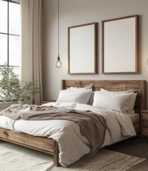 Modern bedroom with wooden bed, white linens, and two empty frames.