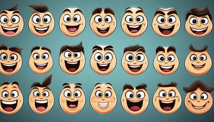imagen muestra expresiones faciales diferentes, todas con un estilo de dibujo animado clásico de solo ojos boca y nariz, casi de la década de 1930. Predominan los ojos grandes y redondos, 