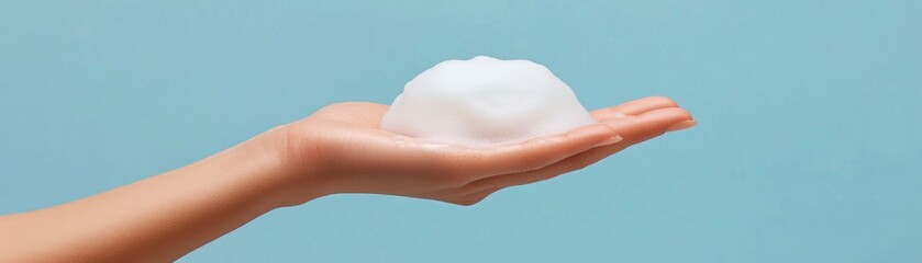 Fototapeta premium Silky foam covering a hand, delicate skincare aesthetic