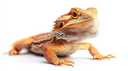 Obraz premium Close-up of an orange bearded dragon on a white background. Its scales and texture are clearly visible.