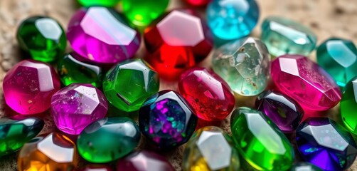 Vibrant tourmaline & beryl cabochons arranged artistically, vibrant, geology