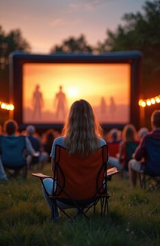 Young woman enjoys outdoor movie night. Group watches film on screen in open air cinema under orange sunset sky. Leisure activity concept. Film showing in park.