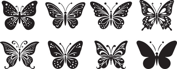 Naklejka premium A collection of elegant black butterfly silhouettes, showcasing intricate wing details and varied poses against a stark white background.