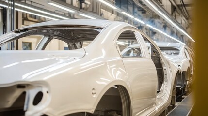White car bodies are painted on an automobile manufacturing assembly line