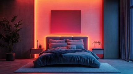 Modern bedroom with neon lights, and night. (2)