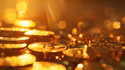A golden hour scene with stacks of coins growing, symbolizing wealth, prosperity, and Bitcoin growth.

