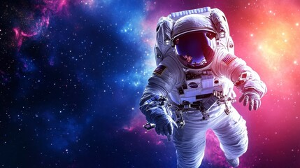 Fototapeta premium Astronaut floats in vibrant nebula, cosmic background, blue and pink hues, detailed spacesuit, low light dramatic