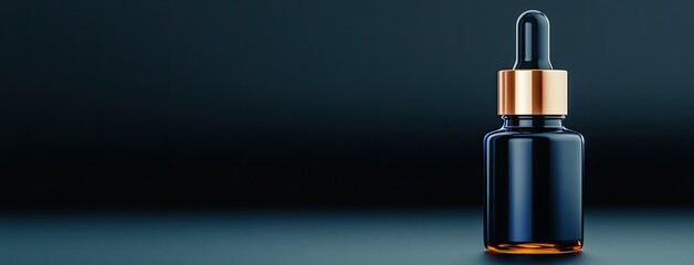 Dropper bottle showcases a sleek design with a golden cap, placed elegantly on a dark surface, highlighting its luxurious appeal