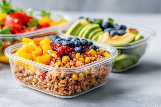 Vegan lifestyle cruelty-free environment impact. Healthy meal prep with quinoa and fresh fruits in containers.