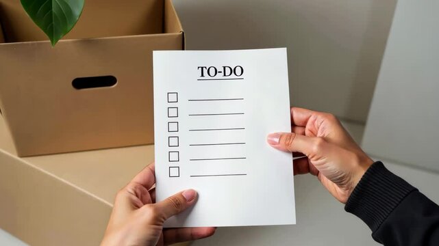 Someone presents a blank to-do list paper, surrounded by a plant and storage box in a bright office environment