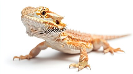 Obraz premium Close-up of an orange and white bearded dragon lizard against a white background. The reptile is looking to the left of the frame, displaying its unique features and textures.