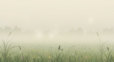 Obraz premium Serene misty landscape with wildflowers in a tranquil field at dawn