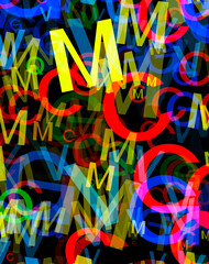 Random multicolor letter jumble in multicolor on a black background