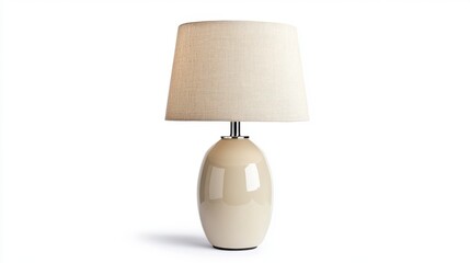 Beige ceramic table lamp with a textured off white shade, isolated on white background. Soft lighting, simple design