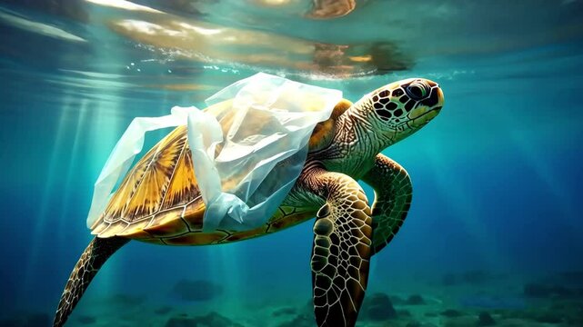 Turtle with a plastic bag in the ocean