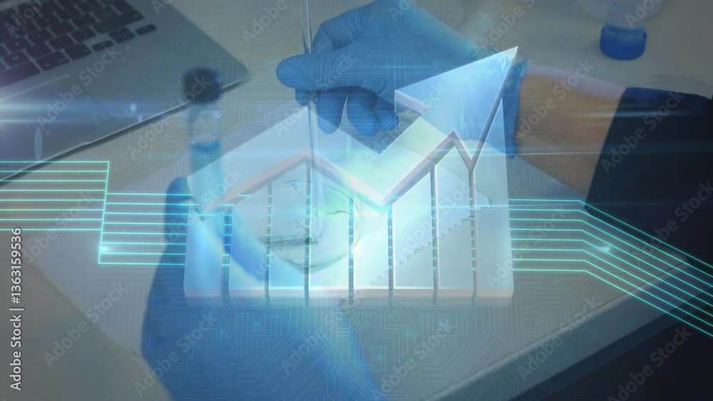 Poster gloved hands handling lab equipment with data graph animation overlay