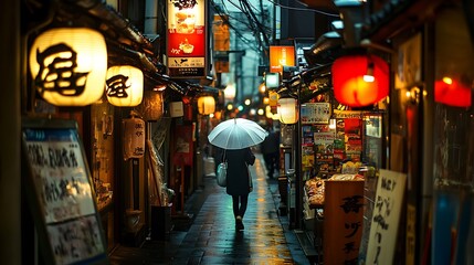 Fototapeta premium Rainy alleyway in a bustling Japanese city. A woman walks through a narrow, nighttime lane, lined with traditional shops and illuminated by lanterns