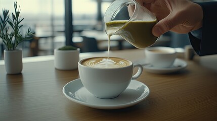 Milk is gracefully poured into a white cup alongside matcha tea powder on a marble surface, showcasing a serene cafe atmosphere.