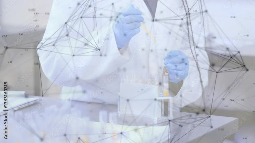 Poster conducting experiment with network data overlay, scientist in lab coat in animation