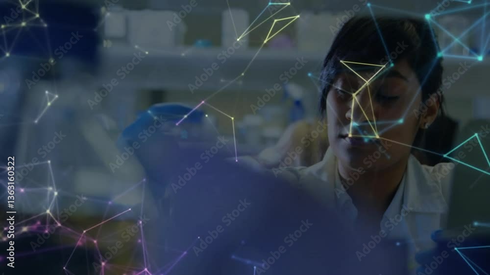 Poster scientist working in lab with digital network connections overlay animation