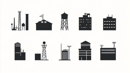 Obraz premium Industrial building icons; city skyline background; website design