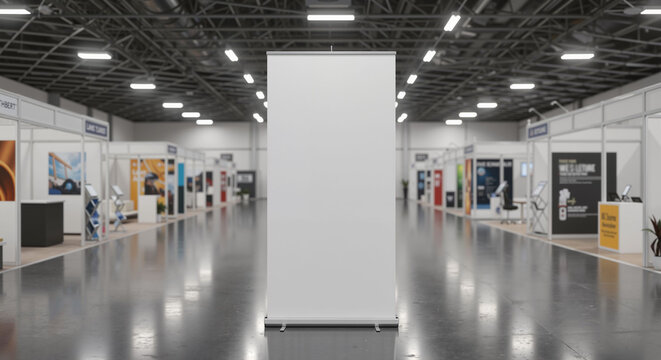 Pop-Up Banner Mockup in Exhibition Hall with Empty Display Space  