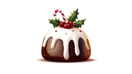 Fototapeta premium Christmas pudding decorated with holly, candy cane, and white icing against a white background