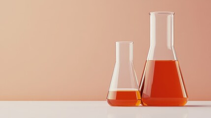 Two lab flasks with orange liquid on table	