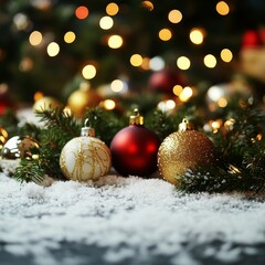 Christmas decorations in a snowy setting with blurred festive lights