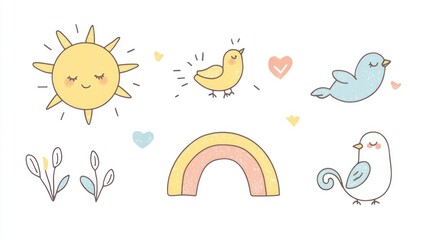 Happy birds, sun, rainbow, spring flowers. Perfect for children's book illustrations or greeting cards