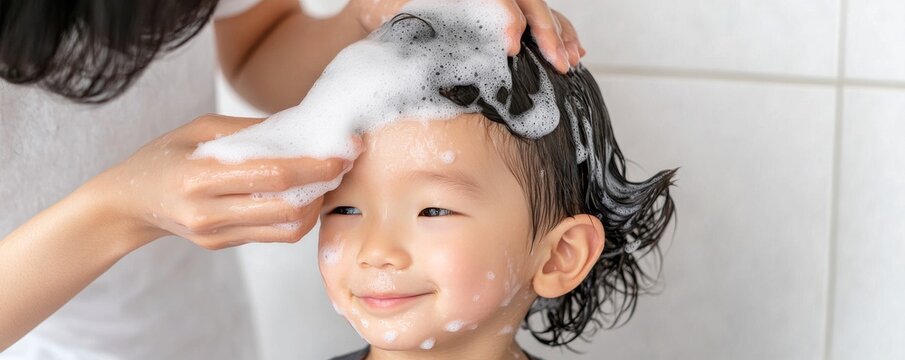 Parents helping their child wash his hair, family-friendly shampooing concept