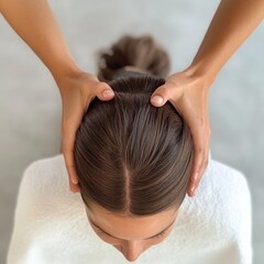 Fototapeta premium Overhead view of a client enjoying a head massage at a high-end hair spa