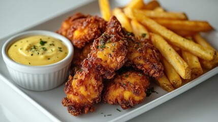 Fototapeta premium Crispy chicken tenders and french fries with dipping sauce