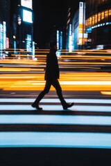 Man walking through city crosswalk at night	