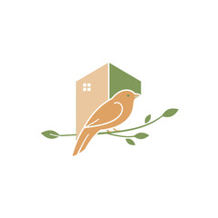 Bird perched on a branch in front of a house