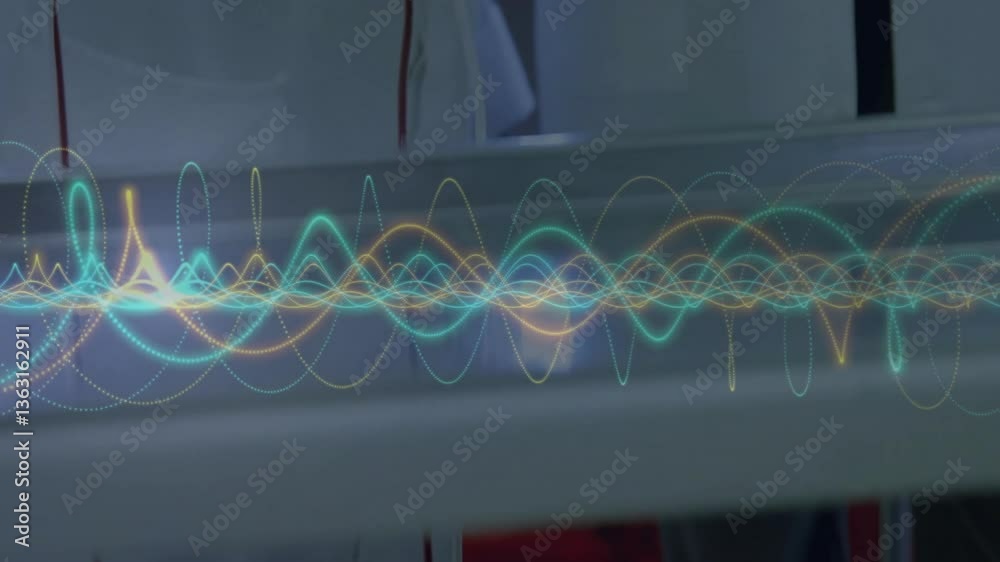 Poster in laboratory, scientists working with colorful waveforms animation in background
