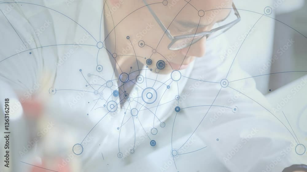 Poster network of connections and data processing animation over focused scientist in lab