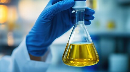 Laboratory flask with yellow liquid held by hand	