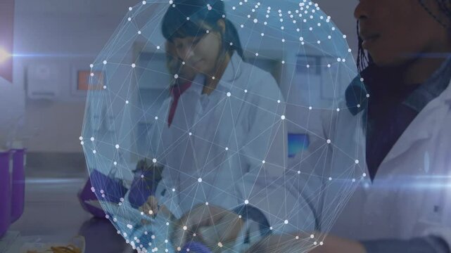 Scientists working in lab with digital network connections overlay animation