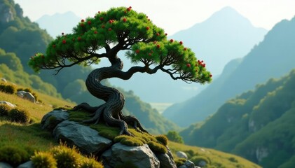 Twisted and gnarled Chinese juniper branches with moss, small tree, landscape