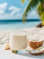 Refreshing coconut drink on a tropical beach. Glass of creamy coconut milk with coconut halves on white sand, palm