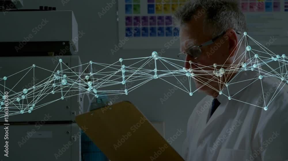 Poster scientist analyzing data with network connections animation overlay in laboratory