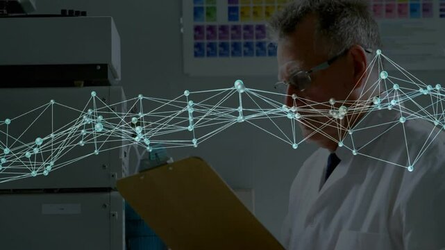 Scientist analyzing data with network connections animation overlay in laboratory - Powered by Adobe