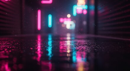 Naklejka premium Neon-lit alleyway reflecting rain in a vibrant urban setting at night