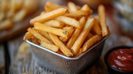 Crispy golden french fries in a wire basket (1)