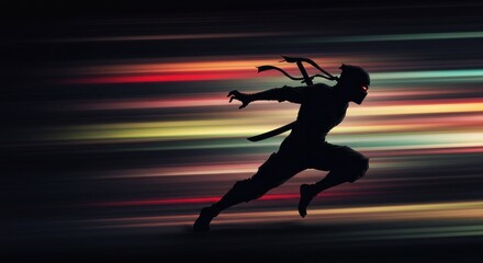 Silhouette of a ninja sprinting through a vibrant, blurred background at night