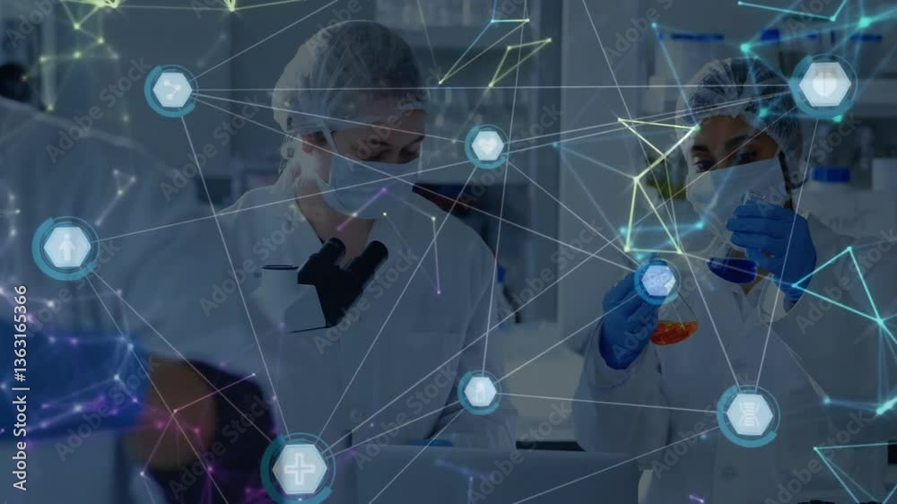 Poster in lab, scientists working with animation and network connections, analyzing data