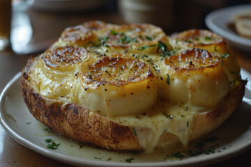 A baked scalloped camembert, golden and gooey, appetizing and warm
