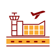 Fototapeta premium Airport terminal with airplane taking off in flat style, AI Generation